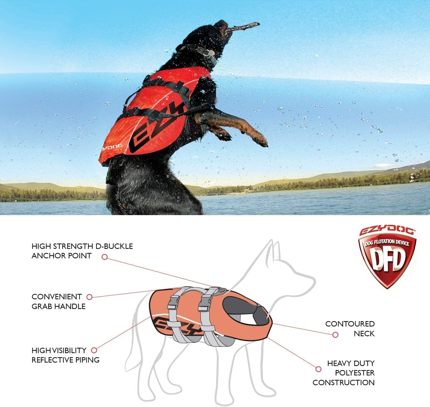 DFD Dog Life Jacket - Adjustable Swimming Safety Vest with Reflective Trim & Durable Grab Handle - 50% More Flotation Material - X-Small, Red.