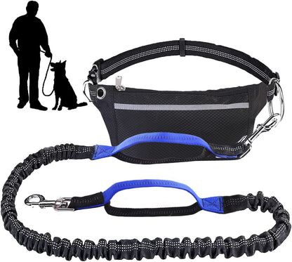 Hands Free Dog Leash with Zipper Pouch, Dual Padded Handles and Professional Retractable Bungee Dog Leash for Walking Jogging, Adjustable Waist Belt for Medium to Large Dog (Blue).