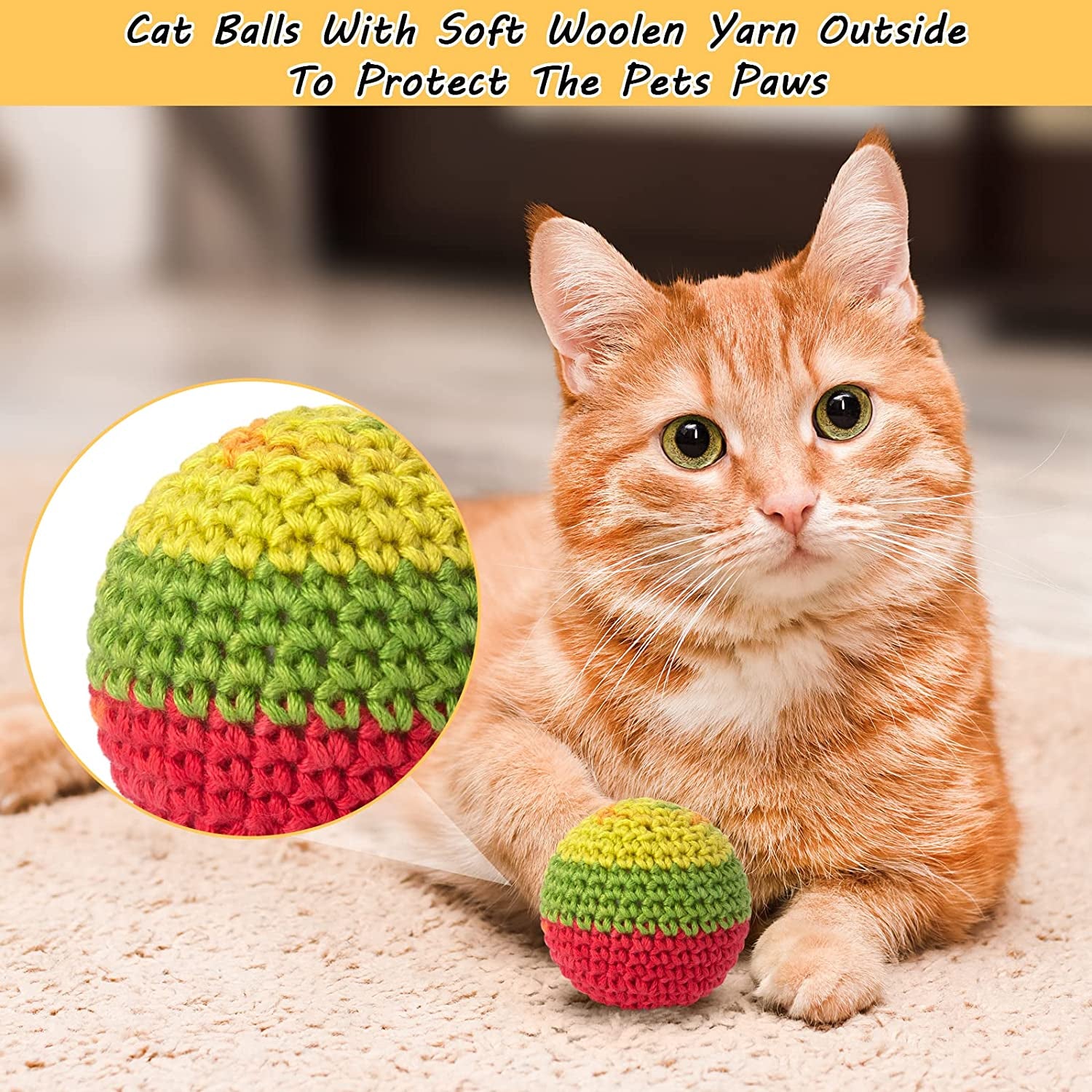 Cat Toys Balls, Woolen Yarn Cat Ball Toy with Bell Inside, Cat Toys for Indoor Cats, Interactive Cat Chew Toys for Kitty Kitten, 6 Pack.