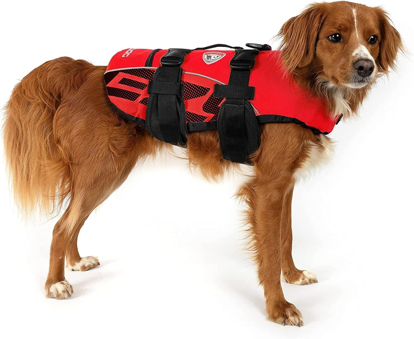 DFD Dog Life Jacket - Adjustable Swimming Safety Vest with Reflective Trim & Durable Grab Handle - 50% More Flotation Material - X-Small, Red.