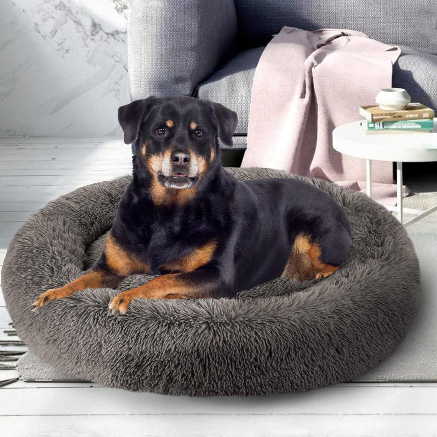 Donut Dog Bed, Faux Fur Dog Beds for Medium Dogs - Self Warming Pet Bed round Faux Fur Donut Cuddler Dog Bed.