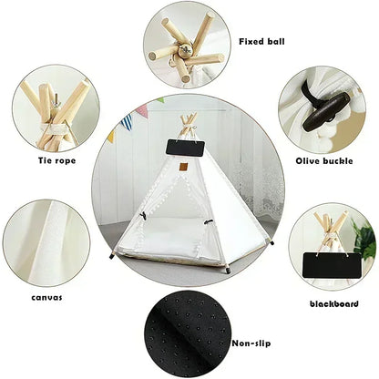 Pet Teepee Tent for Cats and Dogs Portable Removable Washable Dog House Indoor Puppies House with Cushion and Blackboard Cat Bed.