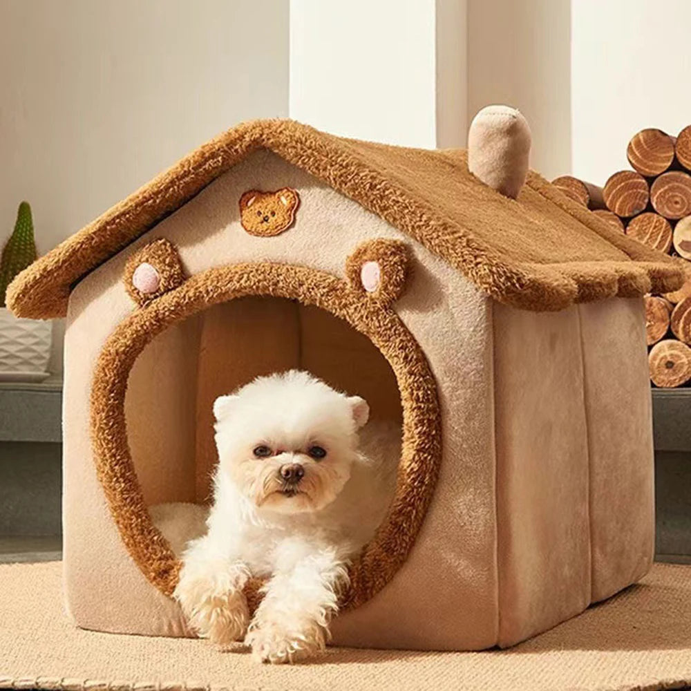 1PC Four Season Universal Enclosed Pet Bed, Wrapped Cat Bed, Dog Bed, Brown Teddy Bear Style Bed.