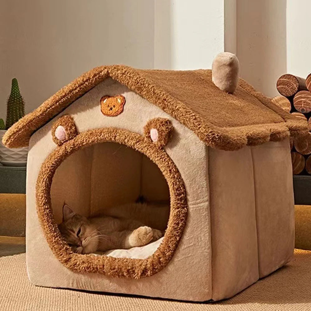 1PC Four Season Universal Enclosed Pet Bed, Wrapped Cat Bed, Dog Bed, Brown Teddy Bear Style Bed.