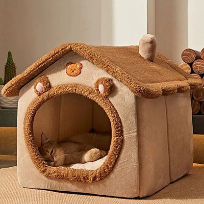 1PC Four Season Universal Enclosed Pet Bed, Wrapped Cat Bed, Dog Bed, Brown Teddy Bear Style Bed.