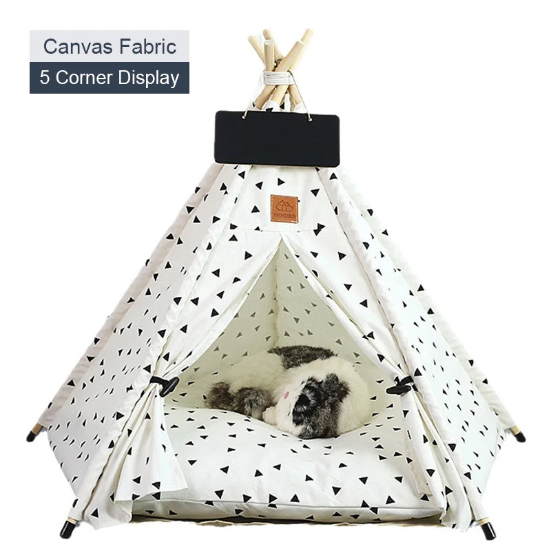 Pet Teepee Tent for Cats and Dogs Portable Removable Washable Dog House Indoor Puppies House with Cushion and Blackboard Cat Bed.