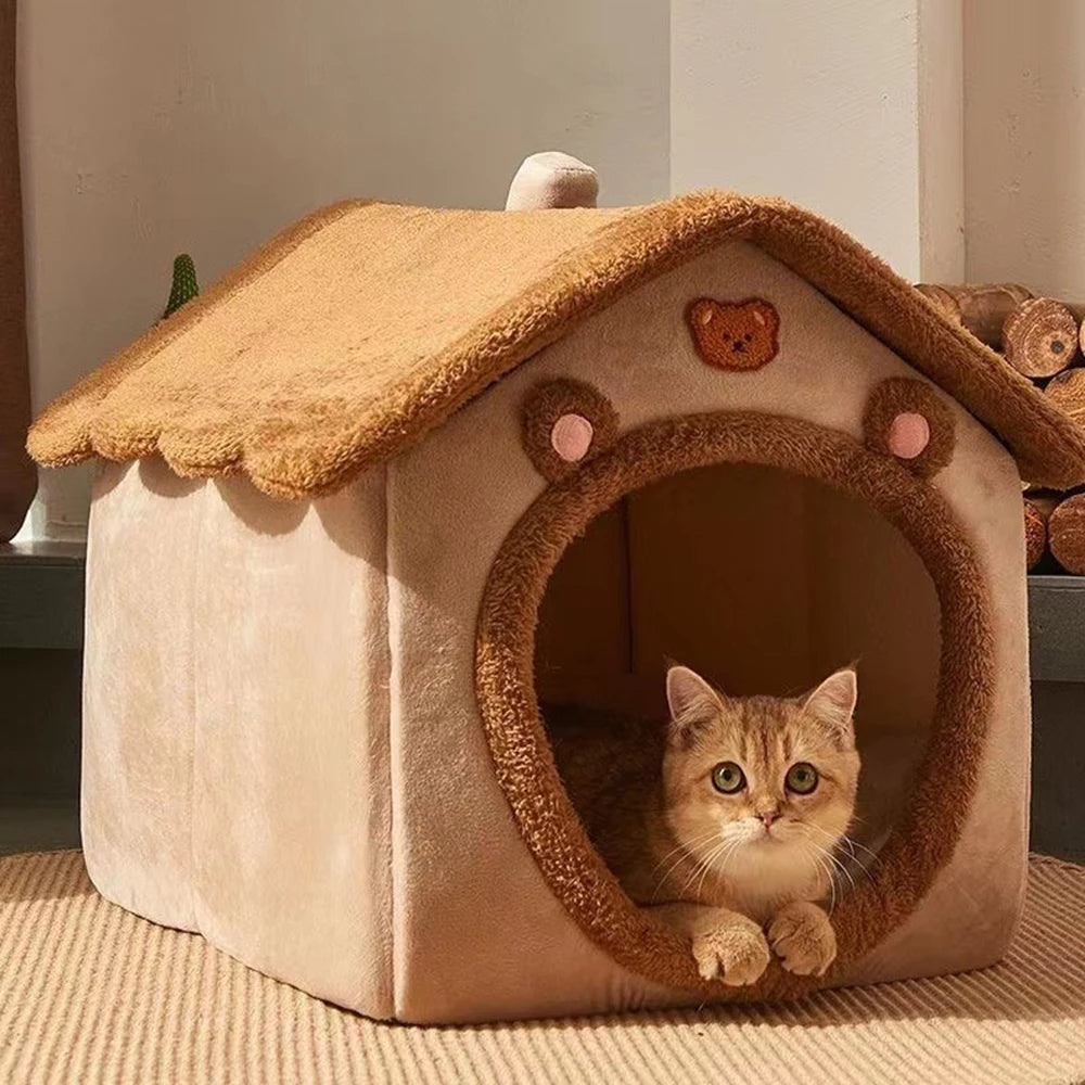 1PC Four Season Universal Enclosed Pet Bed, Wrapped Cat Bed, Dog Bed, Brown Teddy Bear Style Bed.