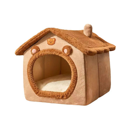 1PC Four Season Universal Enclosed Pet Bed, Wrapped Cat Bed, Dog Bed, Brown Teddy Bear Style Bed.
