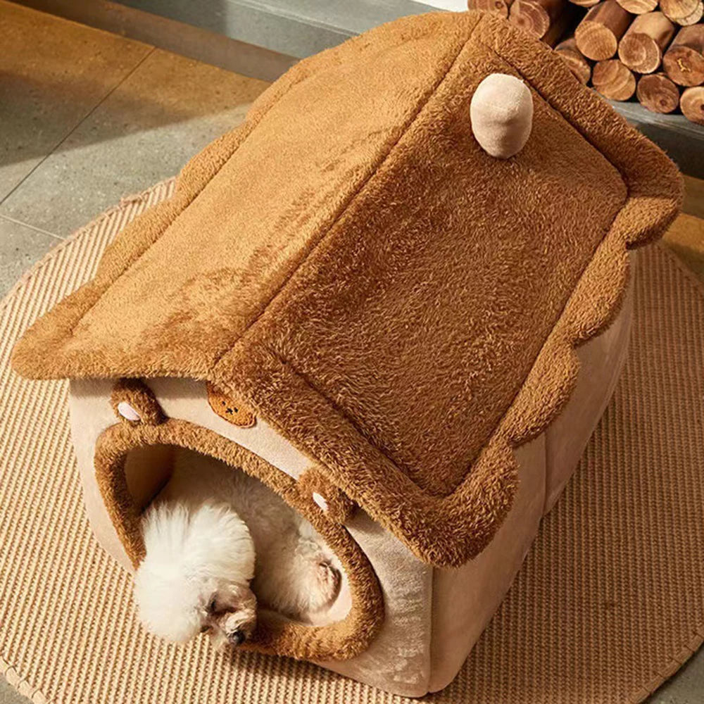 1PC Four Season Universal Enclosed Pet Bed, Wrapped Cat Bed, Dog Bed, Brown Teddy Bear Style Bed.