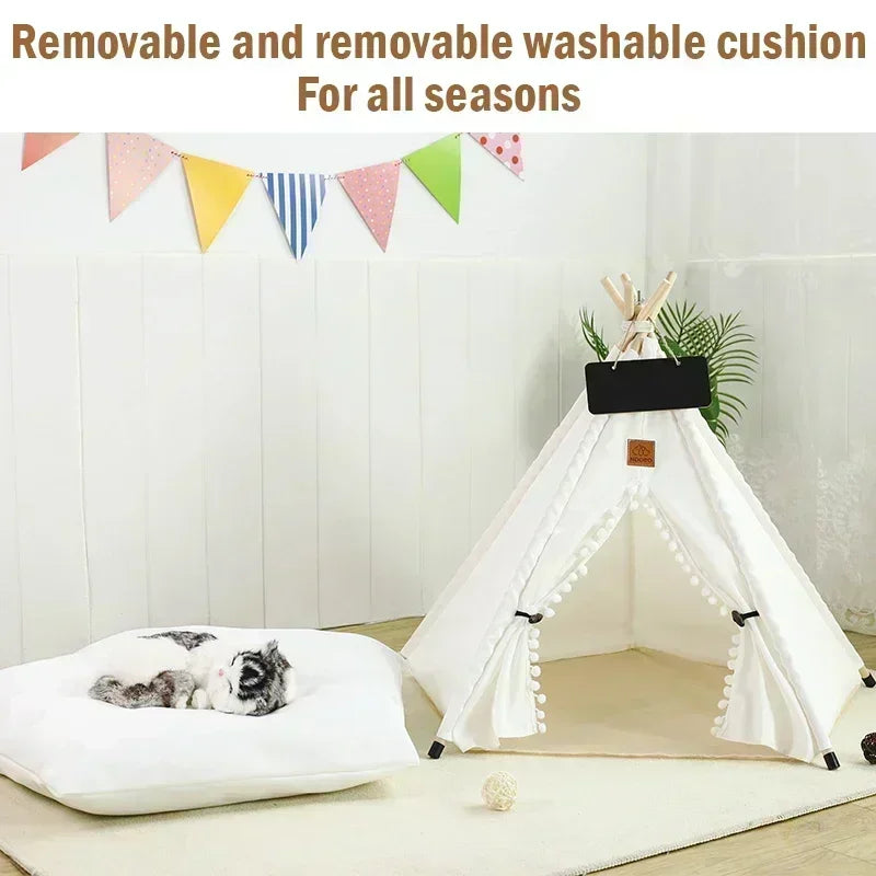 Pet Teepee Tent for Cats and Dogs Portable Removable Washable Dog House Indoor Puppies House with Cushion and Blackboard Cat Bed.