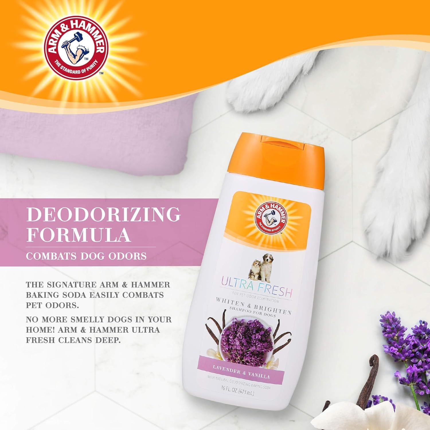 Ultra Fresh Whitening and Brightening Dog Shampoo | Baking Soda Neutralizes Bad Odors | Pet Shampoo in Calming Lavender and Vanilla Scent, 16 Fl Oz