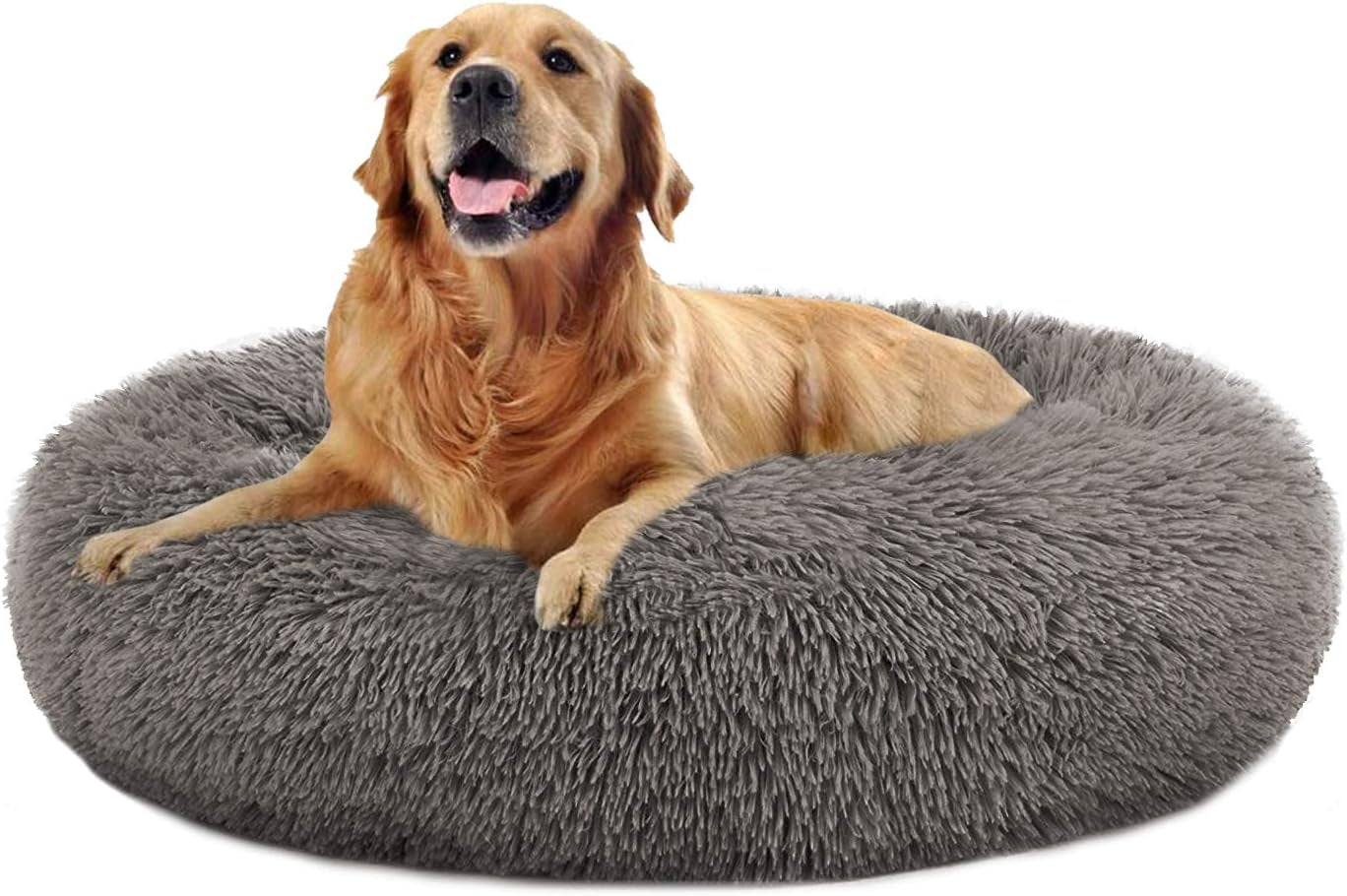 Donut Dog Bed, Faux Fur Dog Beds for Medium Dogs - Self Warming Pet Bed round Faux Fur Donut Cuddler Dog Bed.